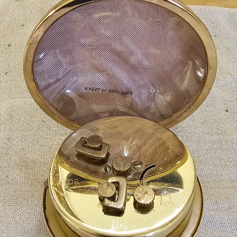 Vintage Linden Travel Alarm Clock Gold Tone Mechanical Wind Up Japan Black Case